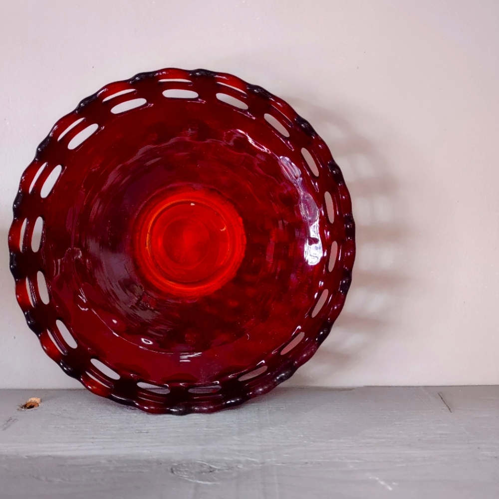 VTG Fenton Ruby Amberina Basket Weave Bowl Red Glass Pedestal.
